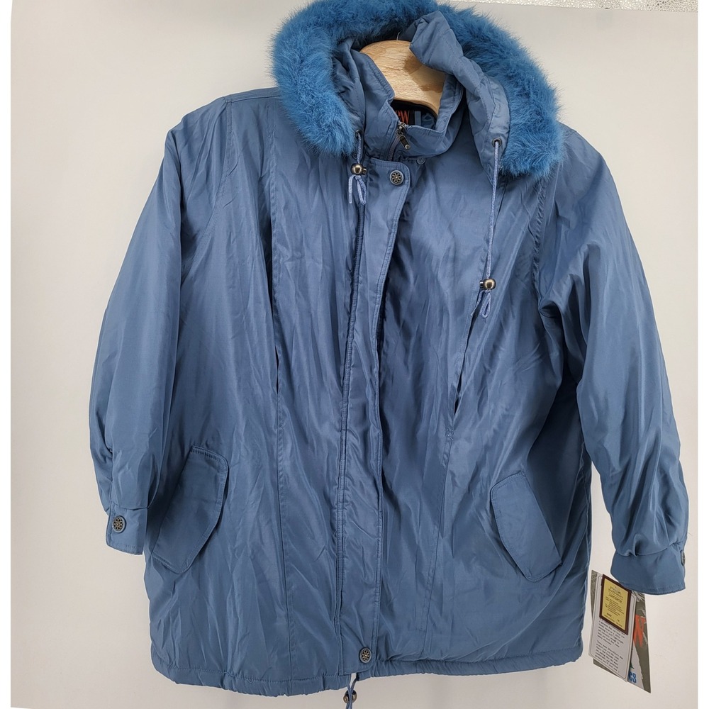 New York Classics Women Blue Hooded Faux Fur Trim Winter Coat Jacket Size 1X new